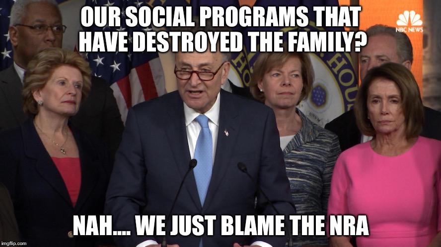 Democrat congressmen | OUR SOCIAL PROGRAMS THAT HAVE DESTROYED THE FAMILY? NAH.... WE JUST BLAME THE NRA | image tagged in democrat congressmen | made w/ Imgflip meme maker