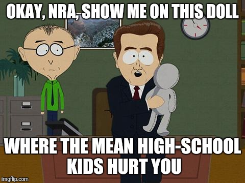 Show Me  | OKAY, NRA, SHOW ME ON THIS DOLL; WHERE THE MEAN HIGH-SCHOOL KIDS HURT YOU | image tagged in show me on this doll,nra,school shooting | made w/ Imgflip meme maker