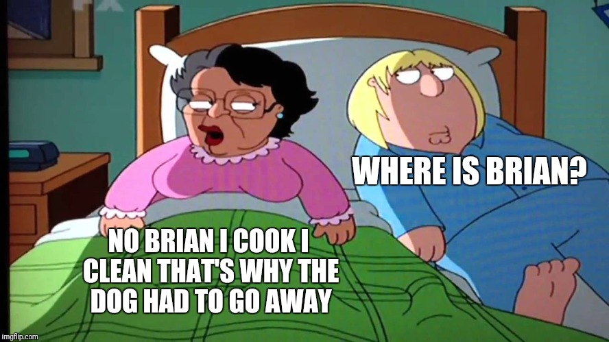 WHERE IS BRIAN? NO BRIAN I COOK I CLEAN THAT'S WHY THE DOG HAD TO GO AWAY | made w/ Imgflip meme maker