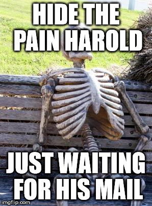 Waiting Skeleton Meme | HIDE THE PAIN HAROLD JUST WAITING FOR HIS MAIL | image tagged in memes,waiting skeleton | made w/ Imgflip meme maker