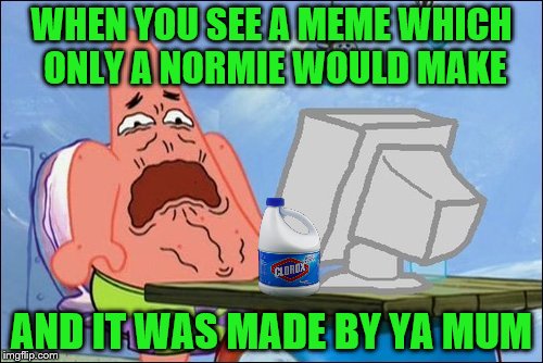 Cringe is amplified with Betrayal | WHEN YOU SEE A MEME WHICH ONLY A NORMIE WOULD MAKE; AND IT WAS MADE BY YA MUM | image tagged in patrick star cringing,memes,cringe | made w/ Imgflip meme maker