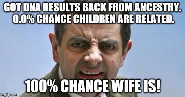 GOT DNA RESULTS BACK FROM ANCESTRY. 0.0% CHANCE CHILDREN ARE RELATED. 100% CHANCE WIFE IS! | image tagged in dna | made w/ Imgflip meme maker