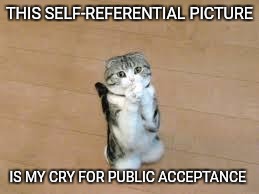 Please upvote, because.  | THIS SELF-REFERENTIAL PICTURE; IS MY CRY FOR PUBLIC ACCEPTANCE | image tagged in begging cat | made w/ Imgflip meme maker