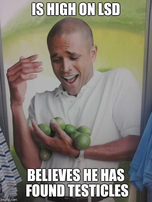 Why Can't I Hold All These Limes | IS HIGH ON LSD; BELIEVES HE HAS FOUND TESTICLES | image tagged in memes,why can't i hold all these limes | made w/ Imgflip meme maker