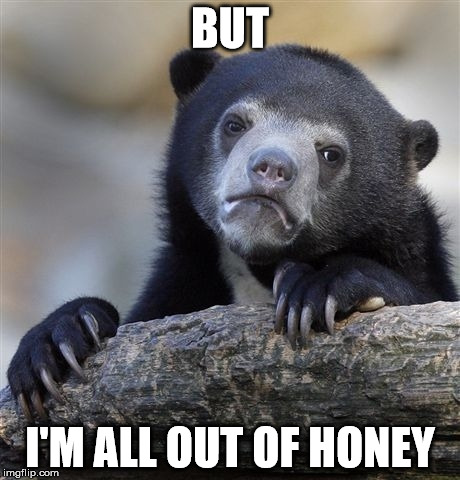 Confession Bear Meme | BUT I'M ALL OUT OF HONEY | image tagged in memes,confession bear | made w/ Imgflip meme maker