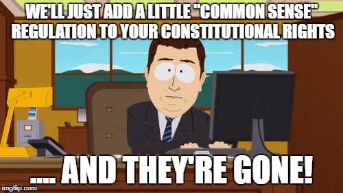 "Common Sense" Rights | WE'LL JUST ADD A LITTLE "COMMON SENSE" REGULATION TO YOUR CONSTITUTIONAL RIGHTS; .... AND THEY'RE GONE! | image tagged in memes,aaaaand its gone | made w/ Imgflip meme maker