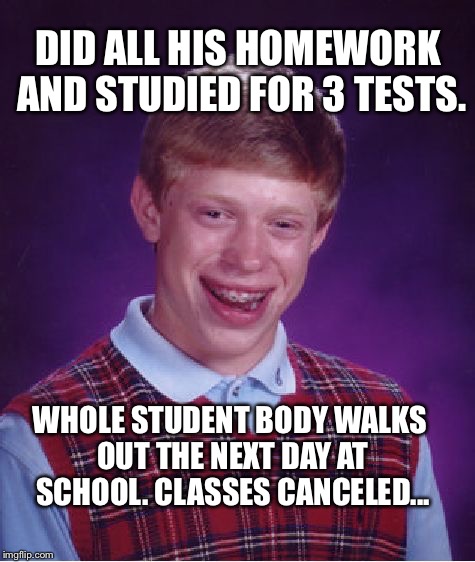 Bad Luck Brian Meme | DID ALL HIS HOMEWORK AND STUDIED FOR 3 TESTS. WHOLE STUDENT BODY WALKS OUT THE NEXT DAY AT SCHOOL. CLASSES CANCELED... | image tagged in memes,bad luck brian | made w/ Imgflip meme maker