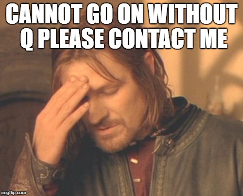 Frustrated Boromir Meme | CANNOT GO ON WITHOUT Q PLEASE CONTACT ME | image tagged in memes,frustrated boromir | made w/ Imgflip meme maker