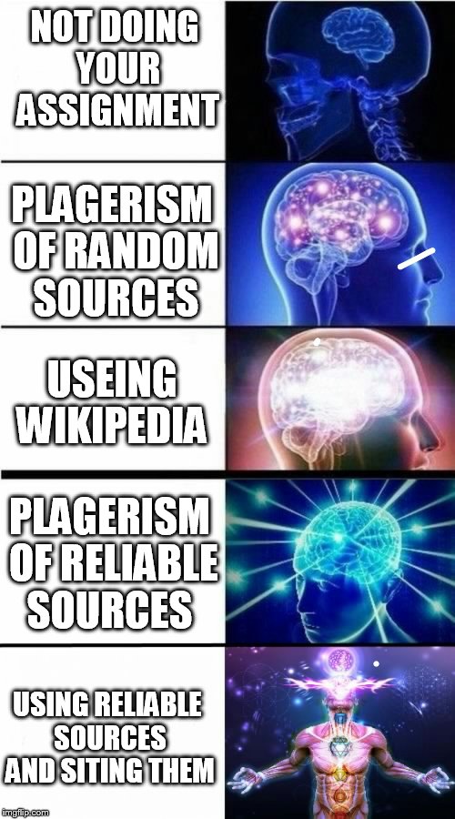 Expanding Brain Meme | NOT DOING YOUR ASSIGNMENT; PLAGERISM OF RANDOM SOURCES; USEING WIKIPEDIA; PLAGERISM OF RELIABLE SOURCES; USING RELIABLE SOURCES AND SITING THEM | image tagged in expanding brain meme | made w/ Imgflip meme maker
