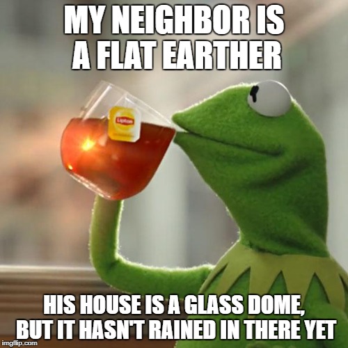 But That's None Of My Business Meme | MY NEIGHBOR IS A FLAT EARTHER; HIS HOUSE IS A GLASS DOME, BUT IT HASN'T RAINED IN THERE YET | image tagged in memes,but thats none of my business,kermit the frog | made w/ Imgflip meme maker