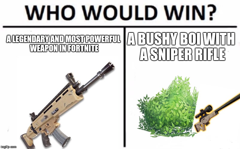 Scar Vs A bush | A LEGENDARY AND MOST POWERFUL WEAPON IN FORTNITE; A BUSHY BOI WITH A SNIPER RIFLE | image tagged in memes,fortnite,scar | made w/ Imgflip meme maker