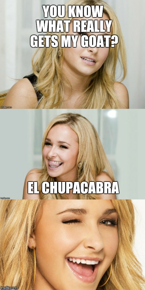 Bad Pun Hayden Panettiere | YOU KNOW WHAT REALLY GETS MY GOAT? EL CHUPACABRA | image tagged in bad pun hayden panettiere | made w/ Imgflip meme maker