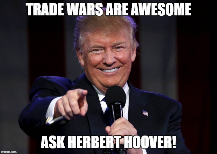 Trump laughing at haters | TRADE WARS ARE AWESOME; ASK HERBERT HOOVER! | image tagged in trump laughing at haters | made w/ Imgflip meme maker