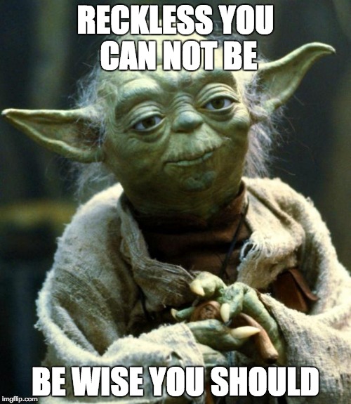 Star Wars Yoda | RECKLESS YOU CAN NOT BE; BE WISE YOU SHOULD | image tagged in memes,star wars yoda | made w/ Imgflip meme maker