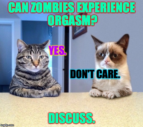 It's National Debate Day!  (prove me wrong) | CAN ZOMBIES EXPERIENCE ORGASM? YES. DON'T CARE. DISCUSS. | image tagged in take a seat cat and grumpy cat review,memes,zombies,orgasm,debate | made w/ Imgflip meme maker