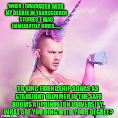 There are good jobs available if you have the right college degree  | WHEN I GRADUATED WITH MY DEGREE IN TRANSGENDER STUDIES  I WAS IMMEDIATELY HIRED...... TO SING FRIENDSHIP SONGS AS STARLIGHT GLIMMER IN THE SAFE ROOMS AT PRINCETON UNIVERSITY.. WHAT ARE YOU DING WITH YOUR DEGREE? | image tagged in memes,unicorn man,college liberal,safe space,bronies,sheltered college freshman | made w/ Imgflip meme maker