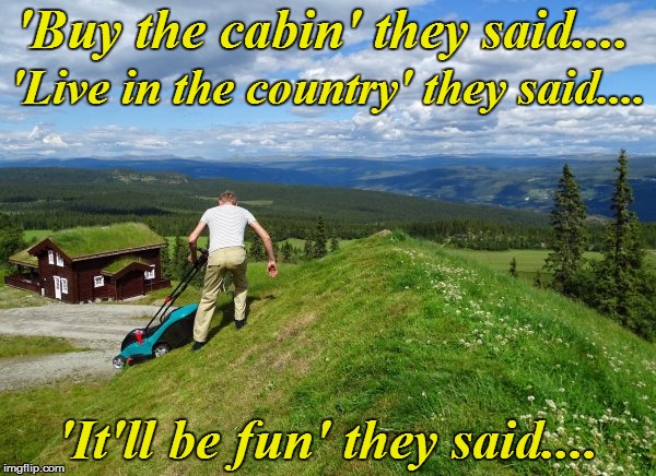 No, I'm NOT having fun! | 'Buy the cabin' they said.... 'Live in the country' they said.... 'It'll be fun' they said.... | image tagged in funny | made w/ Imgflip meme maker