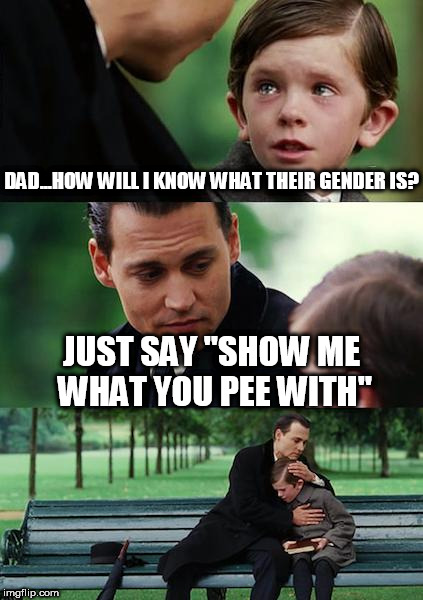 Finding Neverland Meme | DAD...HOW WILL I KNOW WHAT THEIR GENDER IS? JUST SAY "SHOW ME WHAT YOU PEE WITH" | image tagged in memes,finding neverland | made w/ Imgflip meme maker