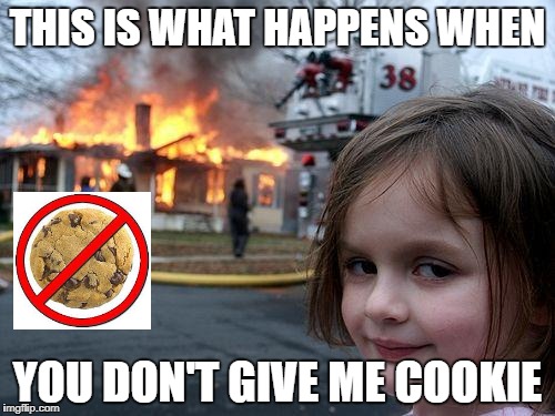 So Give me Cookie | THIS IS WHAT HAPPENS WHEN; YOU DON'T GIVE ME COOKIE | image tagged in memes,disaster girl | made w/ Imgflip meme maker