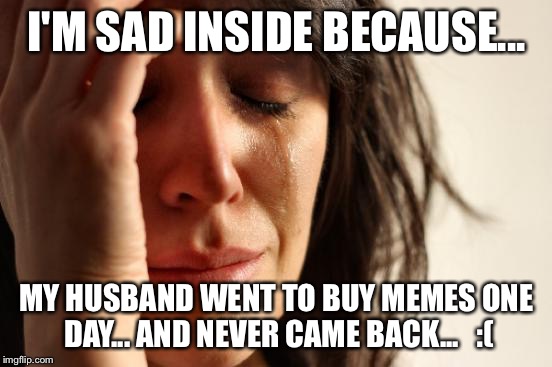 First World Problems Meme | I'M SAD INSIDE BECAUSE... MY HUSBAND WENT TO BUY MEMES ONE DAY... AND NEVER CAME BACK...   :( | image tagged in memes,first world problems | made w/ Imgflip meme maker