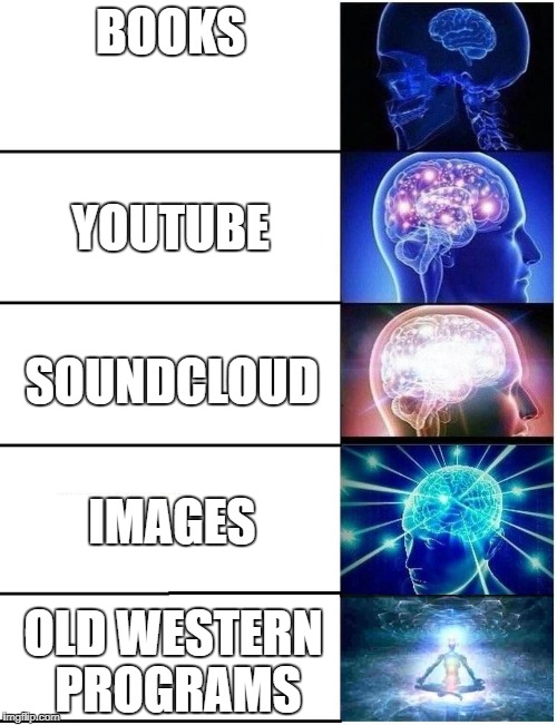 Expanding Brain 5 Panel | BOOKS; YOUTUBE; SOUNDCLOUD; IMAGES; OLD WESTERN PROGRAMS | image tagged in expanding brain 5 panel | made w/ Imgflip meme maker