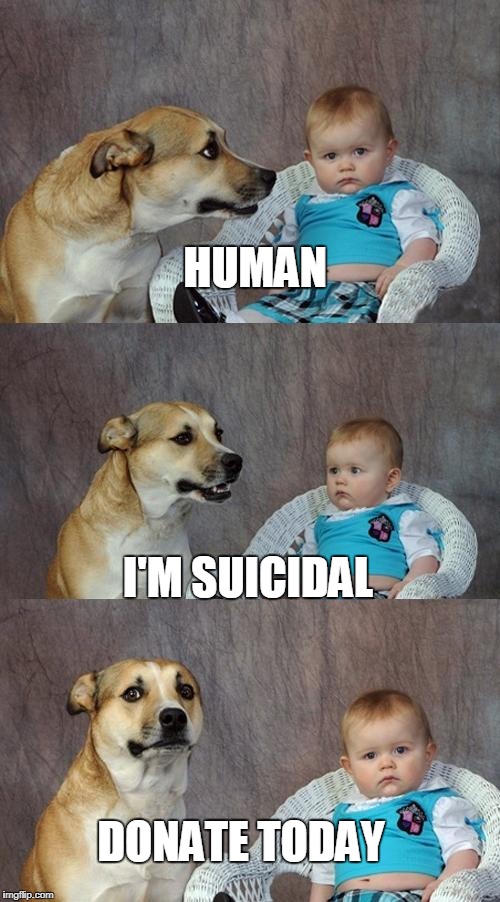 Dad Joke Dog Meme | HUMAN; I'M SUICIDAL; DONATE TODAY | image tagged in memes,dad joke dog | made w/ Imgflip meme maker