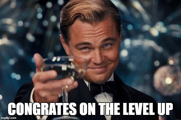 Leonardo Dicaprio Cheers Meme | CONGRATES ON THE LEVEL UP | image tagged in memes,leonardo dicaprio cheers | made w/ Imgflip meme maker