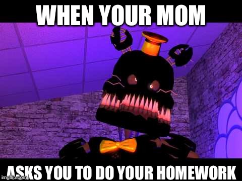 Nobody likes homework  | WHEN YOUR MOM; ASKS YOU TO DO YOUR HOMEWORK | image tagged in fnaf,derp | made w/ Imgflip meme maker