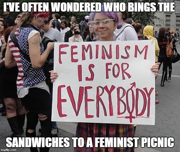 I'VE OFTEN WONDERED WHO BINGS THE; SANDWICHES TO A FEMINIST PICNIC | image tagged in feminist,angry feminist,feminism,actually funny feminist jokes | made w/ Imgflip meme maker