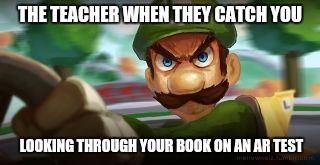 THE TEACHER WHEN THEY CATCH YOU; LOOKING THROUGH YOUR BOOK ON AN AR TEST | image tagged in luigi death stare | made w/ Imgflip meme maker