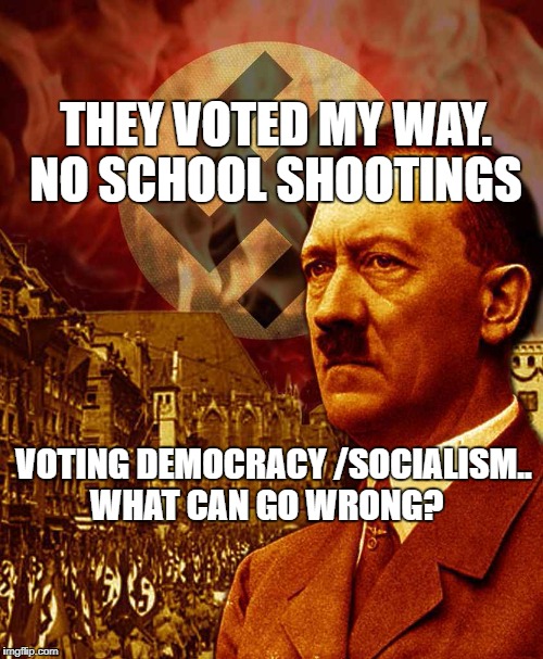 The Dictator | THEY VOTED MY WAY. NO SCHOOL SHOOTINGS; VOTING DEMOCRACY /SOCIALISM.. WHAT CAN GO WRONG? | image tagged in the dictator | made w/ Imgflip meme maker