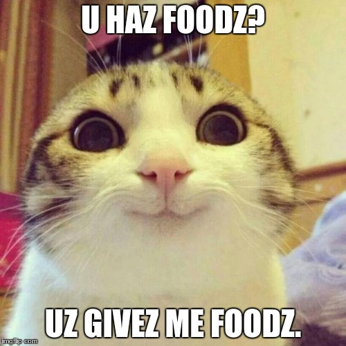 Smiling Cat Meme | U HAZ FOODZ? UZ GIVEZ ME FOODZ. | image tagged in memes,smiling cat | made w/ Imgflip meme maker