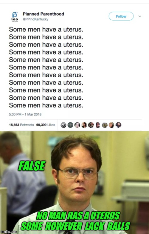 Gender Dysphoria |  FALSE; NO MAN HAS A UTERUS; SOME  HOWEVER  LACK  BALLS | image tagged in transgender,planned parenthood,dwight schrute | made w/ Imgflip meme maker