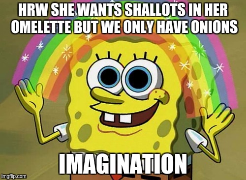 Imagination Spongebob Meme | HRW SHE WANTS SHALLOTS IN HER OMELETTE BUT WE ONLY HAVE ONIONS; IMAGINATION | image tagged in memes,imagination spongebob | made w/ Imgflip meme maker