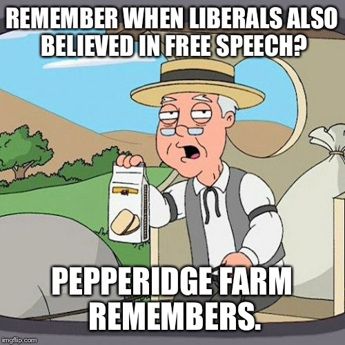 Pepperidge Farm Remembers Meme | REMEMBER WHEN LIBERALS ALSO BELIEVED IN FREE SPEECH? PEPPERIDGE FARM REMEMBERS. | image tagged in memes,pepperidge farm remembers | made w/ Imgflip meme maker