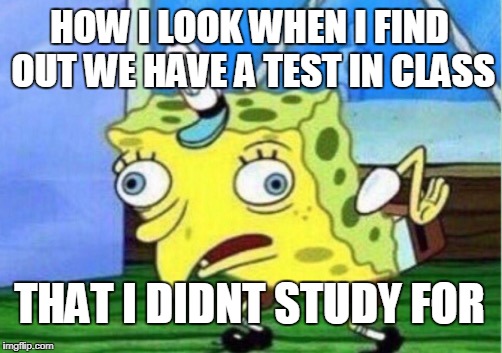 Mocking Spongebob | HOW I LOOK WHEN I FIND OUT WE HAVE A TEST IN CLASS; THAT I DIDNT STUDY FOR | image tagged in memes,mocking spongebob | made w/ Imgflip meme maker