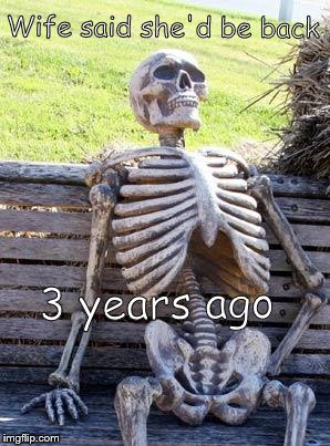 Waiting Skeleton Meme | Wife said she'd be back; 3 years ago | image tagged in memes,waiting skeleton | made w/ Imgflip meme maker