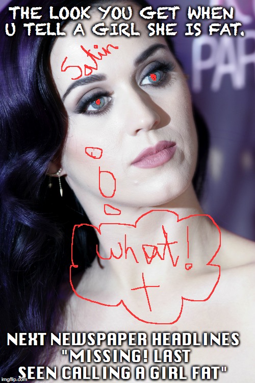 look. you get when you CALL GIRL FAT | THE LOOK YOU GET WHEN U TELL A GIRL SHE IS FAT. NEXT NEWSPAPER HEADLINES "MISSING! LAST SEEN CALLING A GIRL FAT" | image tagged in disturbed katy perry | made w/ Imgflip meme maker