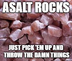 ASALT ROCKS; JUST PICK 'EM UP AND THROW THE DAMN THINGS | image tagged in asalt rocks | made w/ Imgflip meme maker