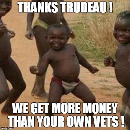 Third World Success Kid Meme | THANKS TRUDEAU ! WE GET MORE MONEY THAN YOUR OWN VETS ! | image tagged in memes,third world success kid | made w/ Imgflip meme maker