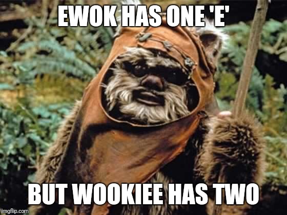 EWOK HAS ONE 'E'; BUT WOOKIEE HAS TWO | made w/ Imgflip meme maker