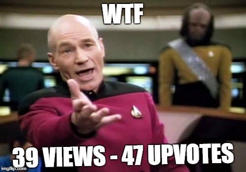 Picard Wtf Meme | WTF 39 VIEWS - 47 UPVOTES | image tagged in memes,picard wtf | made w/ Imgflip meme maker