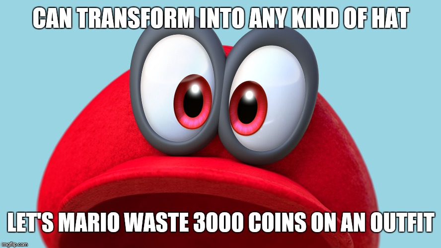 Mario Cappie | CAN TRANSFORM INTO ANY KIND OF HAT; LET'S MARIO WASTE 3000 COINS ON AN OUTFIT | image tagged in mario cappie | made w/ Imgflip meme maker