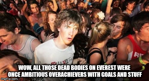 Sudden Clarity Clarence | WOW, ALL THOSE DEAD BODIES ON EVEREST WERE ONCE AMBITIOUS OVERACHIEVERS WITH GOALS AND STUFF | image tagged in memes,sudden clarity clarence | made w/ Imgflip meme maker