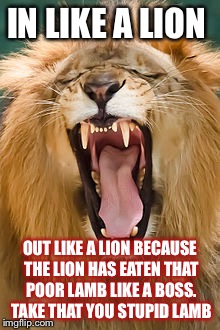 Lion eats lamb  | IN LIKE A LION; OUT LIKE A LION BECAUSE THE LION HAS EATEN THAT POOR LAMB LIKE A BOSS. TAKE THAT YOU STUPID LAMB | image tagged in lion | made w/ Imgflip meme maker