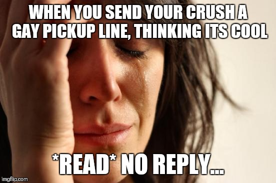 First World Problems Meme | WHEN YOU SEND YOUR CRUSH A GAY PICKUP LINE, THINKING ITS COOL; *READ* NO REPLY... | image tagged in memes,first world problems | made w/ Imgflip meme maker