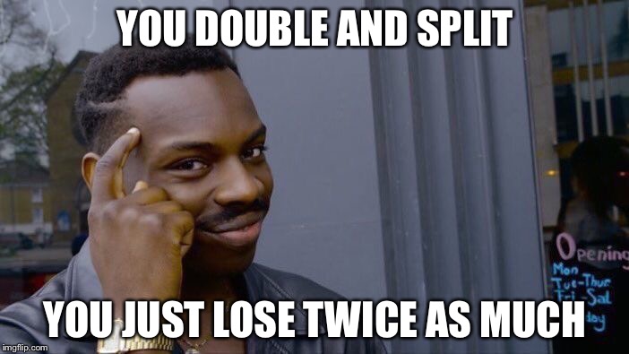 Roll Safe Think About It Meme | YOU DOUBLE AND SPLIT; YOU JUST LOSE TWICE AS MUCH | image tagged in memes,roll safe think about it | made w/ Imgflip meme maker