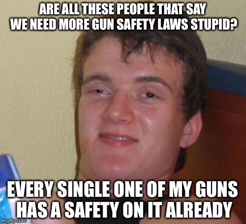 10 Guy Meme | ARE ALL THESE PEOPLE THAT SAY WE NEED MORE GUN SAFETY LAWS STUPID? EVERY SINGLE ONE OF MY GUNS HAS A SAFETY ON IT ALREADY | image tagged in memes,10 guy | made w/ Imgflip meme maker