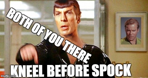 Kneel Before Spocky | BOTH OF YOU THERE KNEEL BEFORE SPOCK | image tagged in kneel before spocky | made w/ Imgflip meme maker