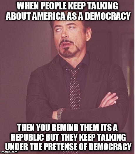 Face You Make Robert Downey Jr | WHEN PEOPLE KEEP TALKING ABOUT AMERICA AS A DEMOCRACY; THEN YOU REMIND THEM ITS A REPUBLIC BUT THEY KEEP TALKING UNDER THE PRETENSE OF DEMOCRACY | image tagged in memes,face you make robert downey jr | made w/ Imgflip meme maker